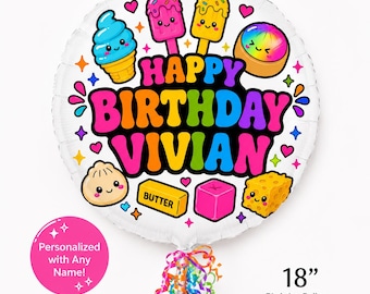 May include: A round white 18-inch birthday balloon featuring the text HAPPY BIRTHDAY VIVIAN in colorful letters. The design includes cute cartoon illustrations of ice cream, popsicles, a dumpling, butter, and a sponge, surrounded by small hearts.