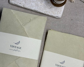 10 pieces C6 white envelope + 10 pieces handmade paper, Handmade Envelop + Handmade Paper, color "Green" handmade paper, Deckled Edge,