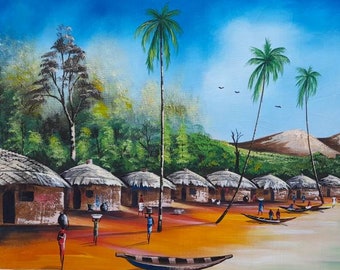 Acrylic painting, canvas paintings, fishing community artwork, African painting