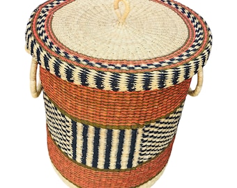 Handwoven Laundry Basket for Clothes, Towels, Sheets, Blankets, Storage Basket with Lid, Rattan Hamper Basket,African Basket,Ghana Basket