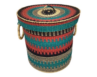 Laundry Basket with Lid/Woven  Basket/Bolga Handmade Basket/ Storage Basket/Rattan Storage Basket/Wicker Laundry Basket/African Basket