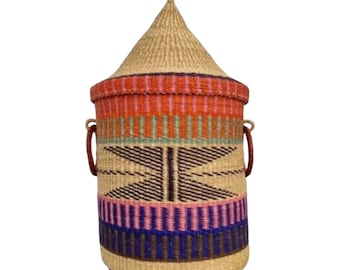 African Woven Laundry Basket for Clothes, Towels, Sheets, Blankets, Storage Basket with Lid, Rattan Hamper Basket, Ghana Basket for Storage