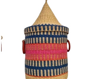 African Woven Laundry Basket for Clothes, Towels, Sheets, Blankets, Storage Basket with Lid, Rattan Hamper Basket, Ghana Basket for Storage