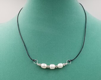Freshwater Pearl and Antiqued Silver Bead Wire Wrapped Focal Piece Necklace on Denim Blue Leather Cord, Casual Beach Inspired Jewelry,