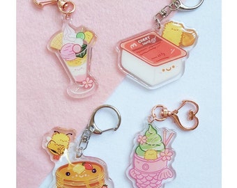 Kawaii food acrylic epoxy glitter keychains (sakura dessert, curry sauce honey bee pancakes)