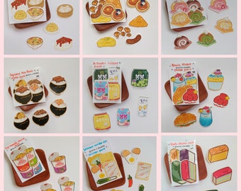 Kawaii delicious food sticker pack sticker design (sakura theme, burrito, instant cup noodles, breakfast, beach, rice bowl, swiss roll)