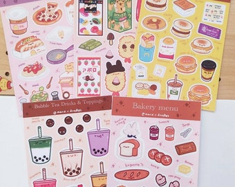 Kawaii food designs sticker sheets (matte texured), eg. McBibi Breakfast, sweet candies, bibi food truck, BBT