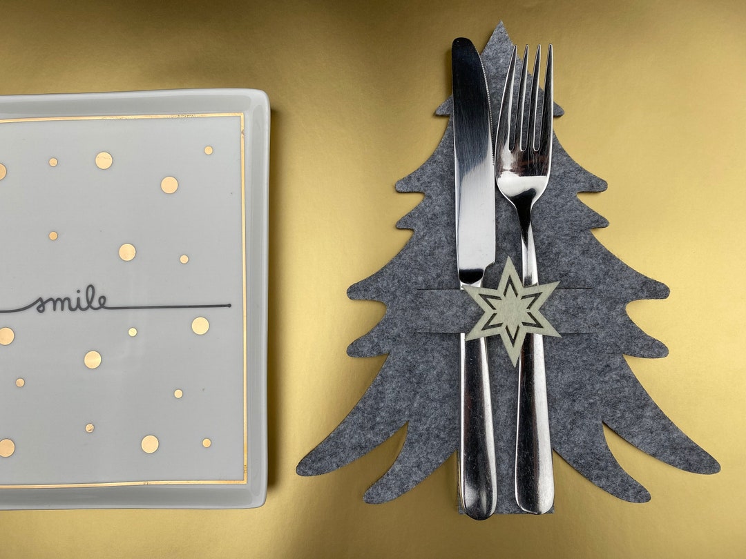 12 Weihnachts-Bestecktaschen Aus Filz - Graue Sterne Für Festliche Tischdeko