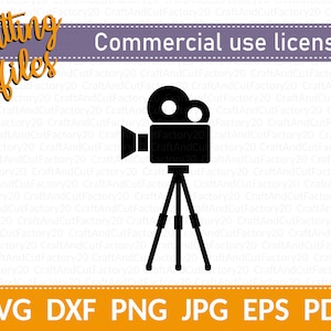 May include: Black and white silhouette of a video camera on a tripod. The camera has a film reel and a lens. The text "Commercial use license" is above the camera.