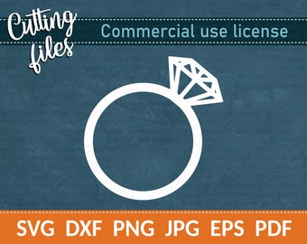 Pode incluir: Uma silhueta branca de um anel com um diamante no topo. O anel está sobre um fundo azul com o texto "Cutting files" e "Commercial use license" no topo.