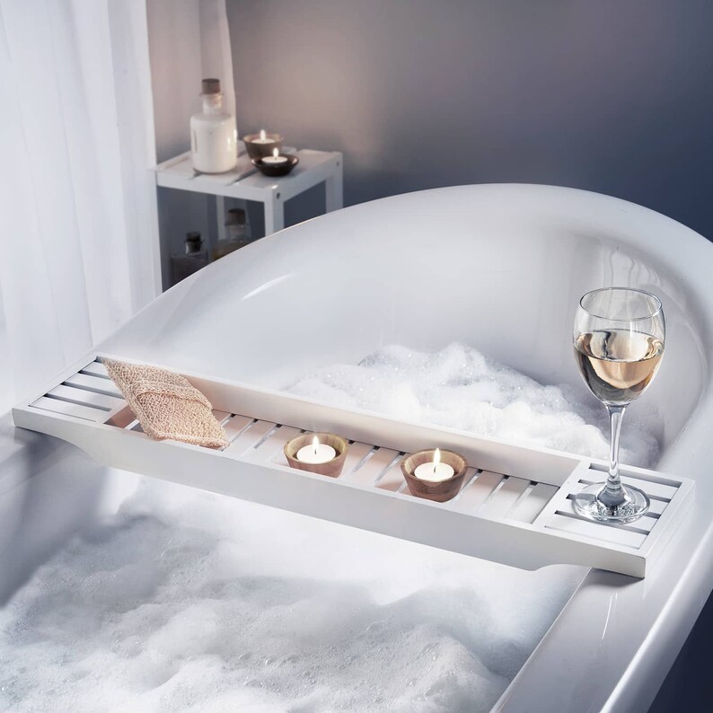 White Wooden Bath Caddy Over Bath Rack Etsy