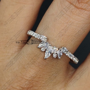 solid 14k white gold half eternity ring Curved CZ Diamond wedding band engagement ring stacking matching band anniversary ring for womens