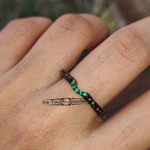 14k black gold Plated half eternity ring engagement ring stacking matching band anniversary ring for women Curved green Diamond wedding band