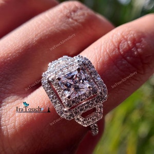 14K White Gold Plated Vintage Art Deco Princess Cut Halo Unique Engagement Wedding Ring, Simulated Square Diamond Ring,