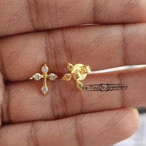 Diamond Mini Cross Earrings,14K Yellow Gold Push Back Earrings,Anniversary Gift For Wife,Women&#39;s Diamond Jewelry,Elegant Earrings,Handmade.