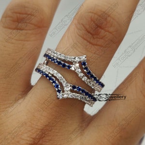 Blue Sapphire Diamond Enhancer Ring, White Gold Over Guard Band, Anniversary Ring, Engagement Ring Enhancer, Solitaire Enhancer, Womens Ring