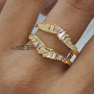925 Silver Curved Wedding Ring Enhancer-Guard Engagement Ring-Authentic Diamond Solitaire Baguette ring enhancer Minimal art deco