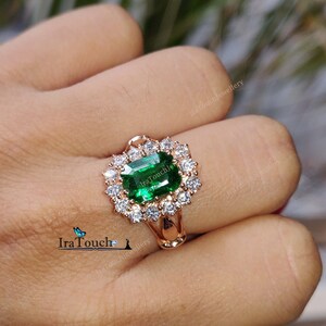 Emerald Engagement Ring Split Shank Ring 1.20 ct Emerald Cut Halo Diamond Wedding Ring Diamonds 14K Rose Gold Over Pristine Cluster Rings