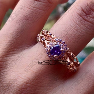 Purple Amethyst Bridal Set In 14K / 18k Rose Gold , Morganite Round Engagement Ring , Morganite Halo Ring, Vintage Morganite Engagement Ring