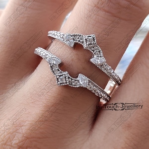 White Gold Over Diamond Enhancer Ring,Anniversary Curved Ring Enhancer,Stunning Mother&#39;s Day Gift Idea,Round & Marquise Cut Diamond Ring.