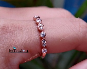 Diamond Wedding Band, Half Eternity CZ Diamond 14k Rose Gold Milgrain Band, Rose Gold Ring, Promise Ring, Diamond Engagement Ring