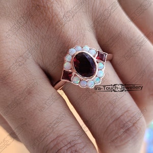 Vintage Engagement Promise Ring,14K Rose Gold Over, Oval Cut Red Garnet & Fire Opal ,Unique Anniversary Ring For Women&#39;s, October Birthstone