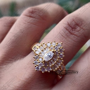 Anello vintage a grappolo di diamanti Marquise da donna in oro giallo 14 carati e argento 925