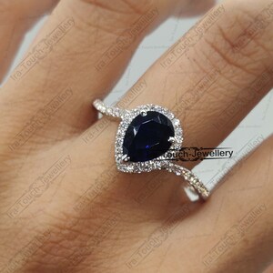 Lab created sapphire ring, pear cut blue gemstone ring, sterling silver ring, September birthstone, engagement ring