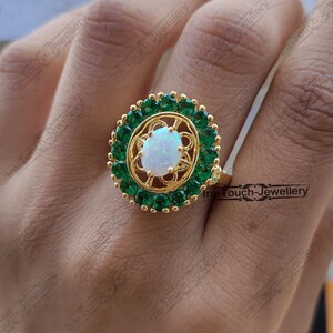 14K Yellow Gold Over Engagement Ring,2Ct Oval Cut Fire Opal & Round Cut Emerald, Dainty Promise Ring, Anniversary Wedding Ring For Her
