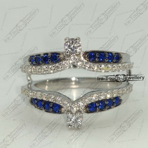 Round Blue Sapphire Diamond Band Enhancer Ring, White Gold Over Guard Band, Anniversary Ring, Engagement Ring Enhancer, Solitaire Enhancer