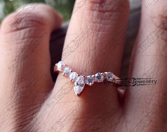 Marquise Cut V Shape Band,Curved Wedding Band ,14k Rose Gold Plated CZ Diamond Chevron Band,Sterling Silver Stacking Ring For Women