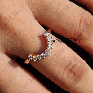 Bande de mariage CZ Diamond courbée en or rose massif 14 carats demi-éternité bague de fiançailles empilable bande assortie bague anniversaire pour femmes