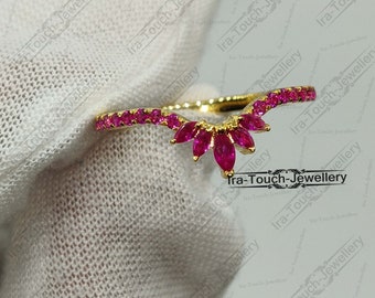Marquise Cut V Shape Band,Curved Wedding Band ,14k Yellow Gold Plated Pink Ruby Diamond Chevron Band,Sterling Silver Stacking Ring For Women