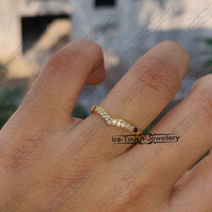 Bande de mariage en diamant courbé bague de fiançailles en or massif 14 carats demi-éternité empilage de bande assortie bague d’anniversaire pour femmes