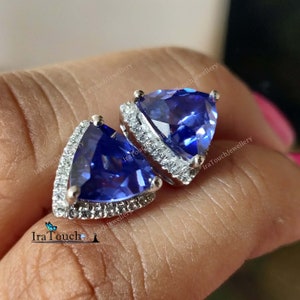 3 Ct Trillion Cut Tanzanite Halo Earrings Tanzanite Stud Earrings. Round Cut Earrings. Solitaire Stud Earrings. December Birthstone Earrings