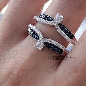 2Ct Round Cut Blue Sapphire & White Diamond Enhancer Band Ring,White/ Black Gold Over,925 Sterling Silver For Women&#39;s,Art Deco Promise Ring.