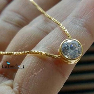 Moissanite Diamond Solitaire Necklace 14k Yellow Gold Plated / Diamond Bezel Necklace / 14k Gold Diamond Solitaire Pendant / Delicate