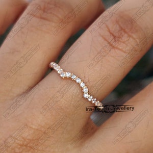 Curved CZ Diamond wedding band solid 14k rose gold half eternity ring engagement ring stacking matching band anniversary ring for womens