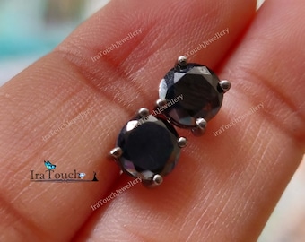 3mm-7mm Round Black Gold Solid 925 Sterling Silver Solitaire Stud Post Earrings Round Black Diamond CZ