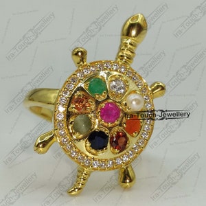 American Diamond Navratna Tortoise Ring 925 Sterling-Silver and 14k Gold Plated Ring for Men and Women