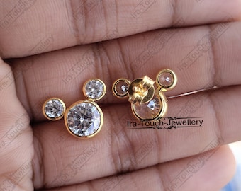 Silver Earring Gift For Her,Kid Earring,Zirconia Mickey Mouse Earring,Mini Mickey Stud Earrings ,Gifts for Children,Yellow Gold Earrings.
