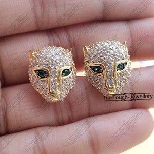 14K Yellow Gold,Gold Panther Ear Stud,Animal Lover Earring Claw Stud Earrings,Yellow Gold Handmade Earrings Vintage Green Studs.