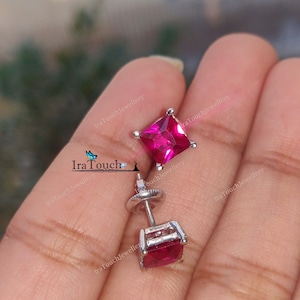 2 Ct Princess Cut Red Ruby Diamond Stud Earrings 14K White Gold Plated 925 Sterling Silver Earrings Tiny Diamond Stud Earrings for Women