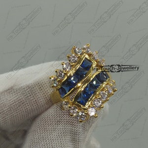 2.00 Ctw Princess Cut Blue Diamond Cluster ring for women on 14K yellow gold 925 silver vintage ring Engagement Ring Anniversary Ring