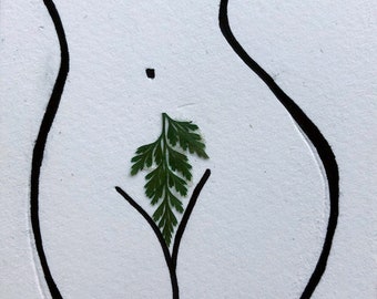 Miniatuur 'Lady Garden' naaktlijntekening met hand aangebracht geperst varenblad Unieke illustratie Kunstwerk