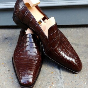 Handmade Dark Brown Crocodile Texture Leather Loafers Dress - Etsy