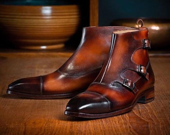 Bota de monje de tobillo sombreada de pátina Botas de hombre Monje de cuero genuino hecho a mano Zapatos Zapatos para hombre Botas 