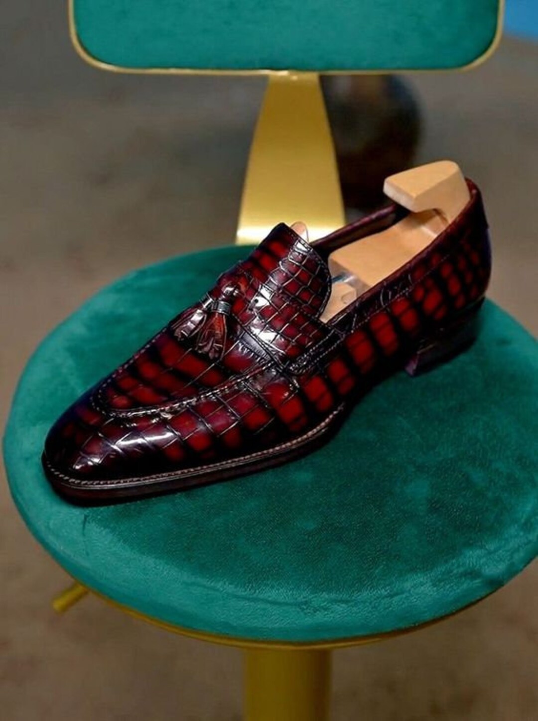 Handmade Men Burgundy Red Crocodile Textured Leather Moccasin Etsy