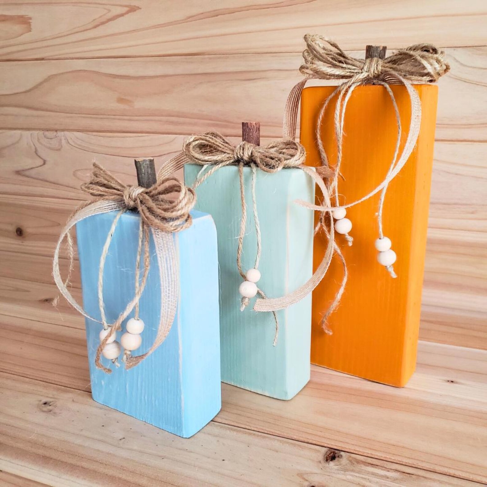 Wooden Pumpkin Fall Decoration 3-toned Wooden Pumpkin Set Farmhouse ...