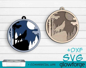 Wolf, 2022 Ornament, Glowforge SVG, Multi Layer, Laser Cut DXF, Instant Download, Christmas Ornaments Circle, Cut Files, Ready to Cut